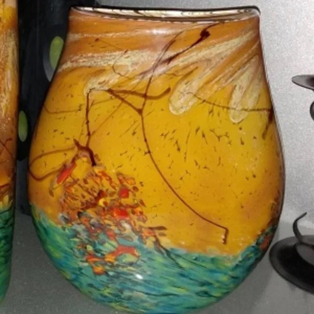 JOHN FIELDS 'SEDONA' Signed 2001 Colorful Hand Blown Studio Art Glass Pouch Vase
